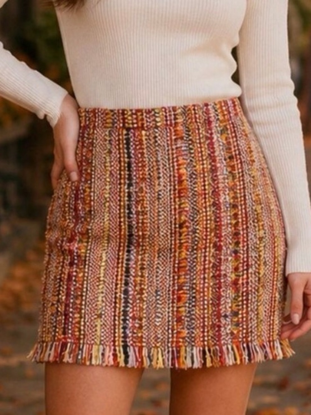 Chelsea & Theodore Multicolor Orange Tweed Fringe Mini Skirt 6
